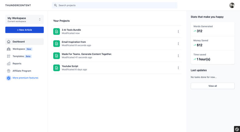 Thundercontent Dashboard